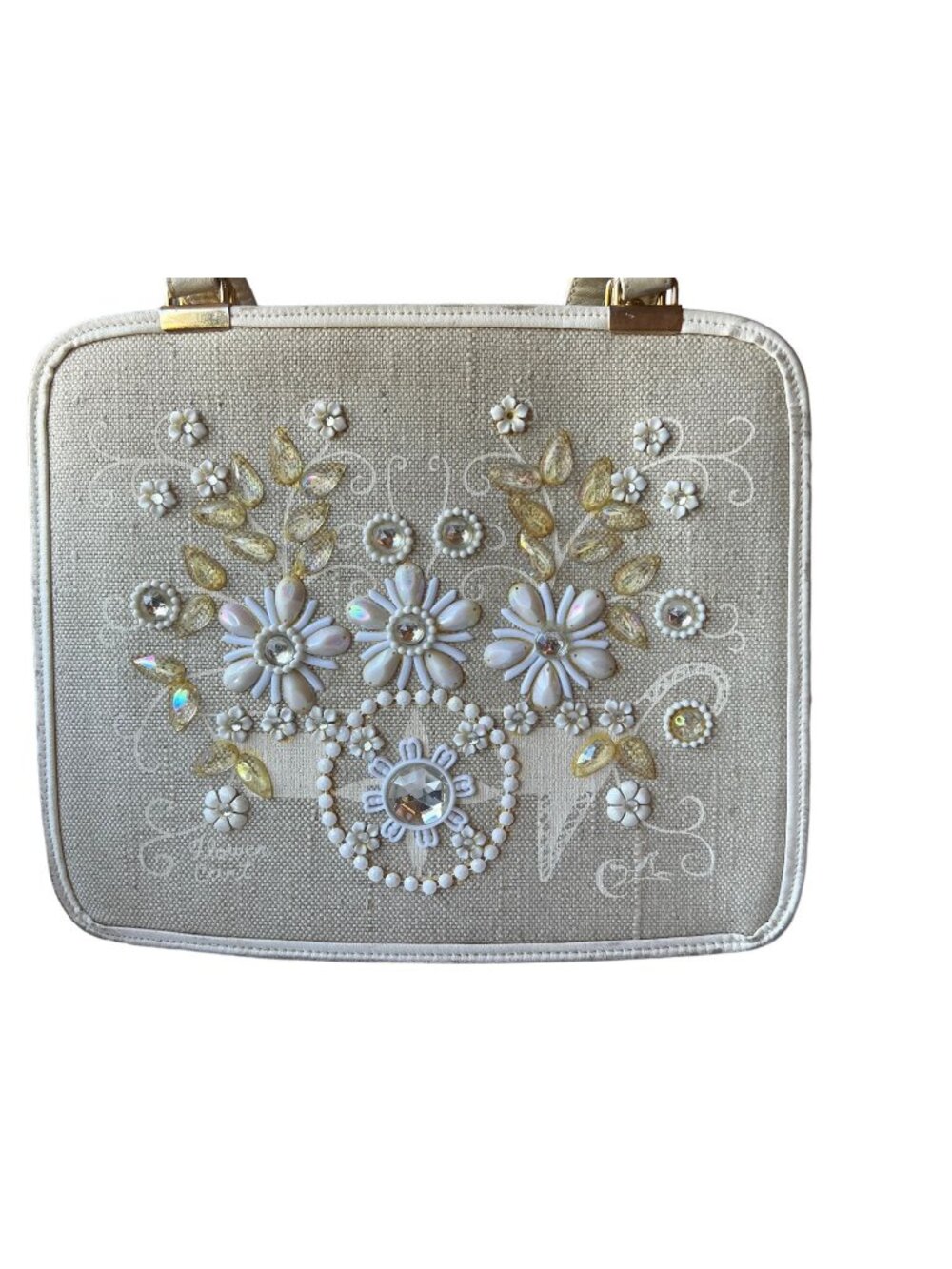 Enid Collins Handbag Jeweled White Flower Cart Linen Leather MCM 60s - 70s READ